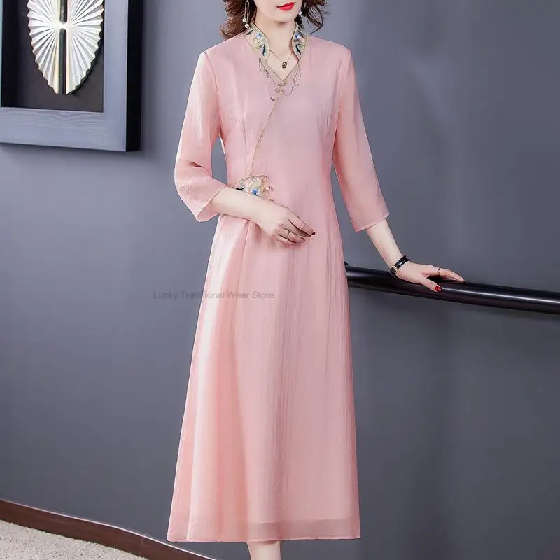 

Spring Summer Chinese Style women's Long Elegant Party Chiffon Cheongsam Dress Retro Embroidered Lady Dress Robe Chinoise