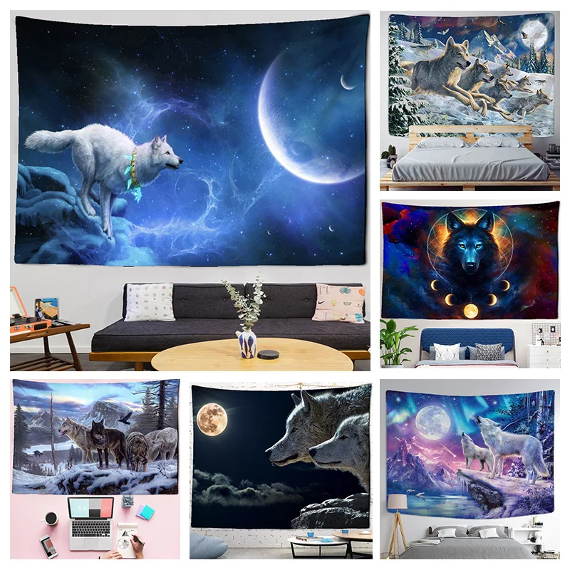 Fantasy wolf tapestry wall hanging animal aesthetic room decoration bohemian psychedelic mandala home dormitory wall decoration tapestry decorations