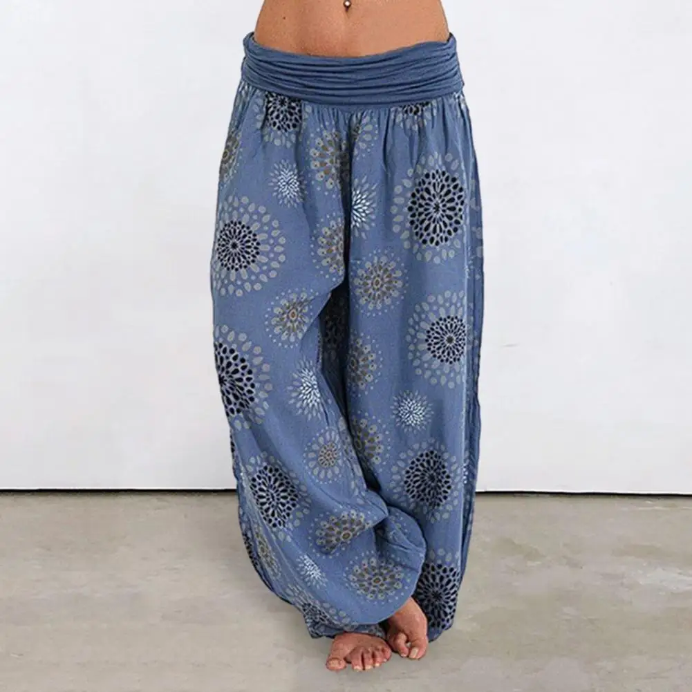 

Women Harem Pants Retro Ethnic Print Elastic Mid Waist Deep Crotch Trousers Casual Wide Leg Full Length Bloomers Long Trousers