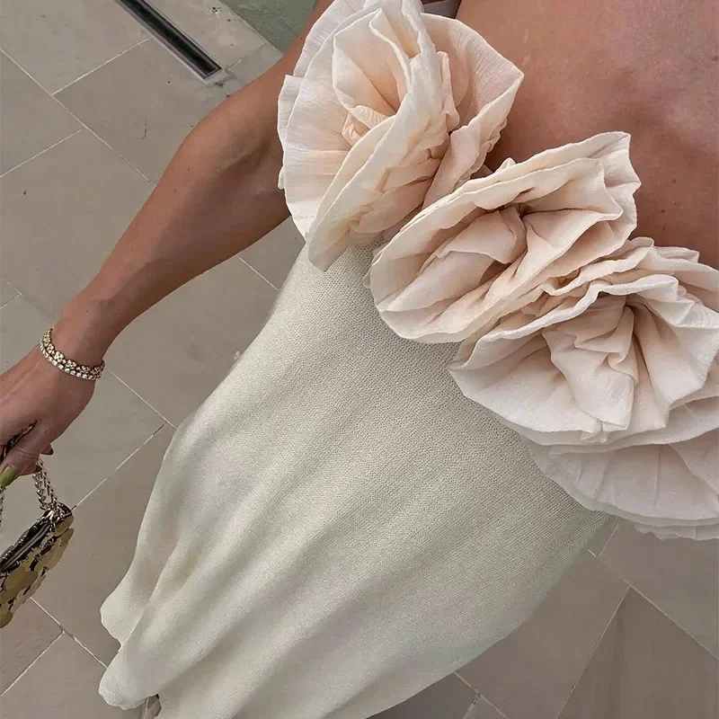 Elegant 3D Flower Knit Long Dress Women Off Shoulder Backless Loose Party Beach Vacation Dresses 2025 Spring Lady Knitwear New