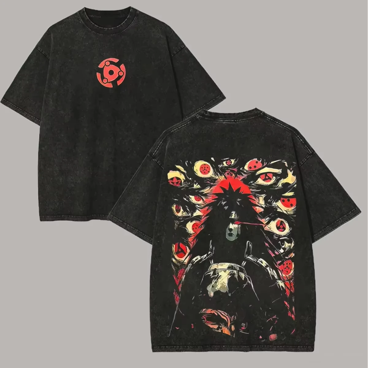Uchiha Itachi Retro Wash T-Shirt with Sharingan Back Print, 100% Cotton, Comfortable Loose Fit