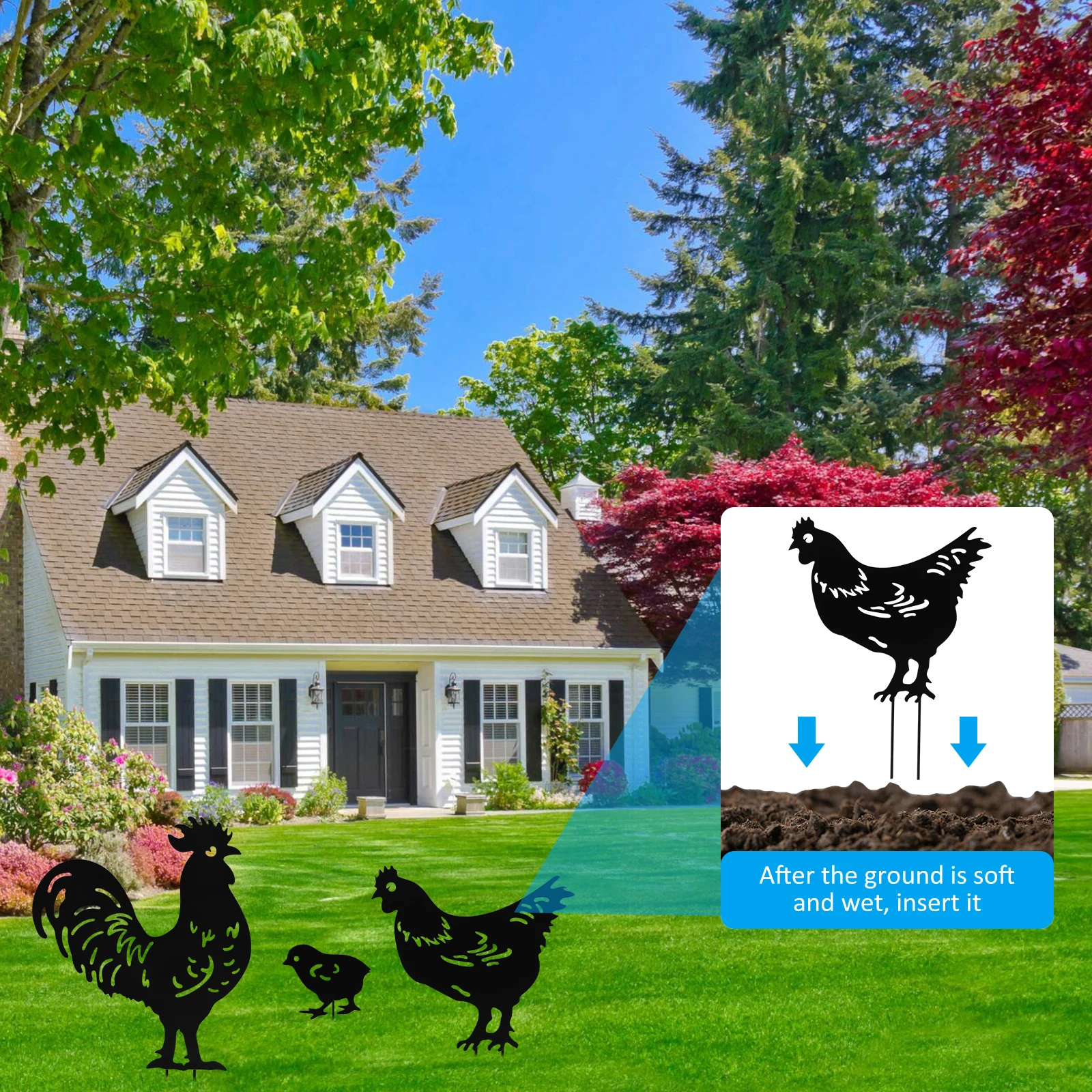 Yard Art Garden Metal Sculpture Chicken Decoration 3Pcs Creative Rooster Outline Lawn After Outdoor Hen Garden Decorated