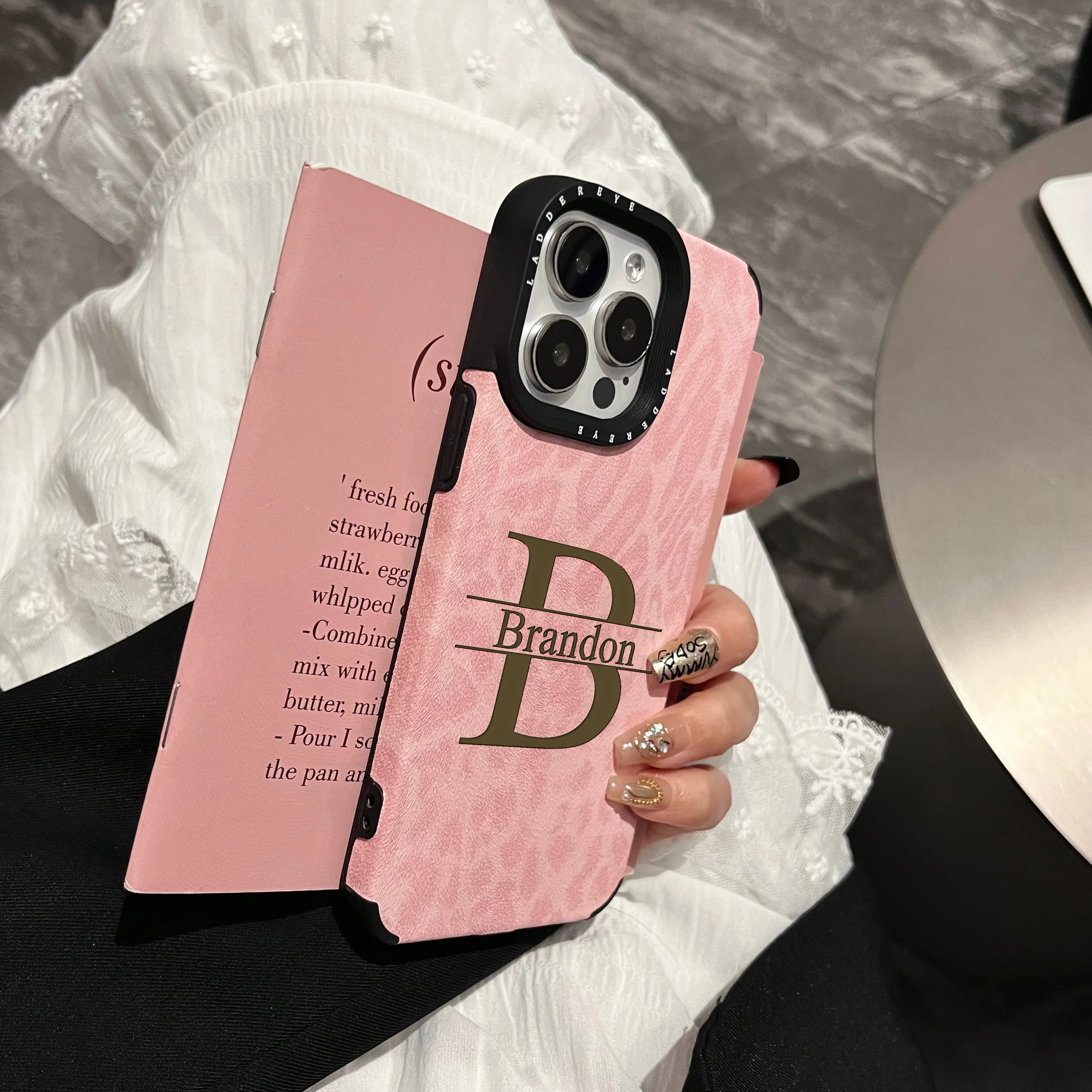 Customized Pink Leopard Synthetic Leather Phone Case with Personalized Name Cover