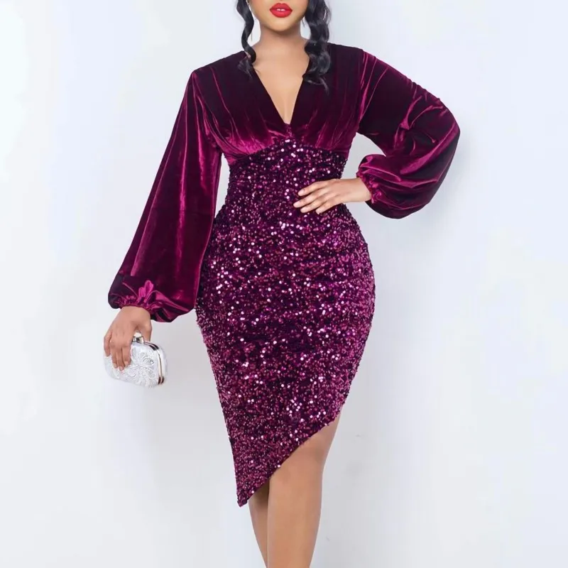 

Velvet Sequins Dress Women New V-neck Fashion Wrap Hip Long Sleeve Dress Robe Sexy Femme Party Birthday Outfit Vestidos Elegante