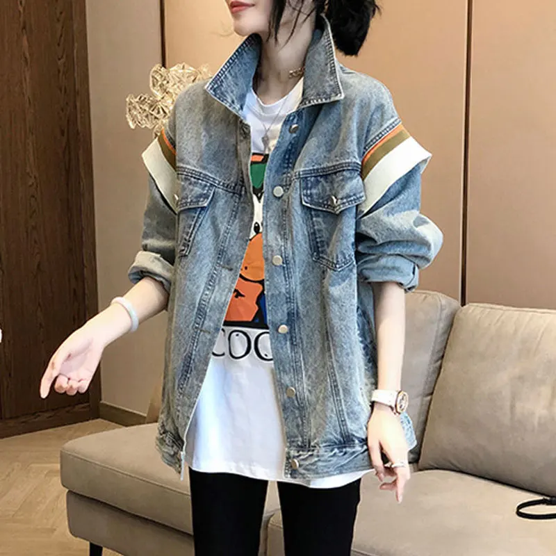 Women's Clothing Casual Denim Coat Fashion Patchwork Spring Autumn Long Sleeve Pockets Commute Lapel Single-breasted Jackets New