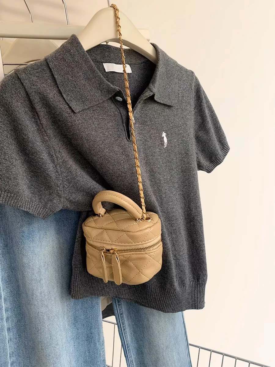 아메리칸 스타일 빈티지 폴로 칼라 슬리밍 니트 반팔 티셔츠 여성 봄 여름 새로운 탑 레트로 패션 얇은 셔츠 