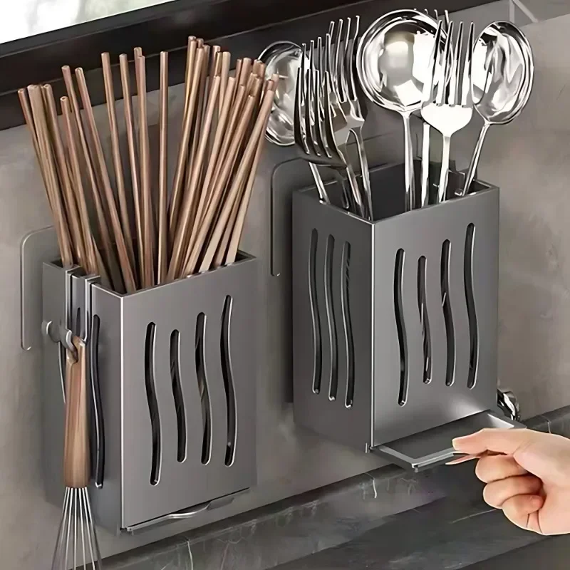 Multifunctional Kitchen Utensil Storage Rack Chopstick Draining Holder Wall-Mounted Freestanding Cutlery Tableware Organizer Box 2