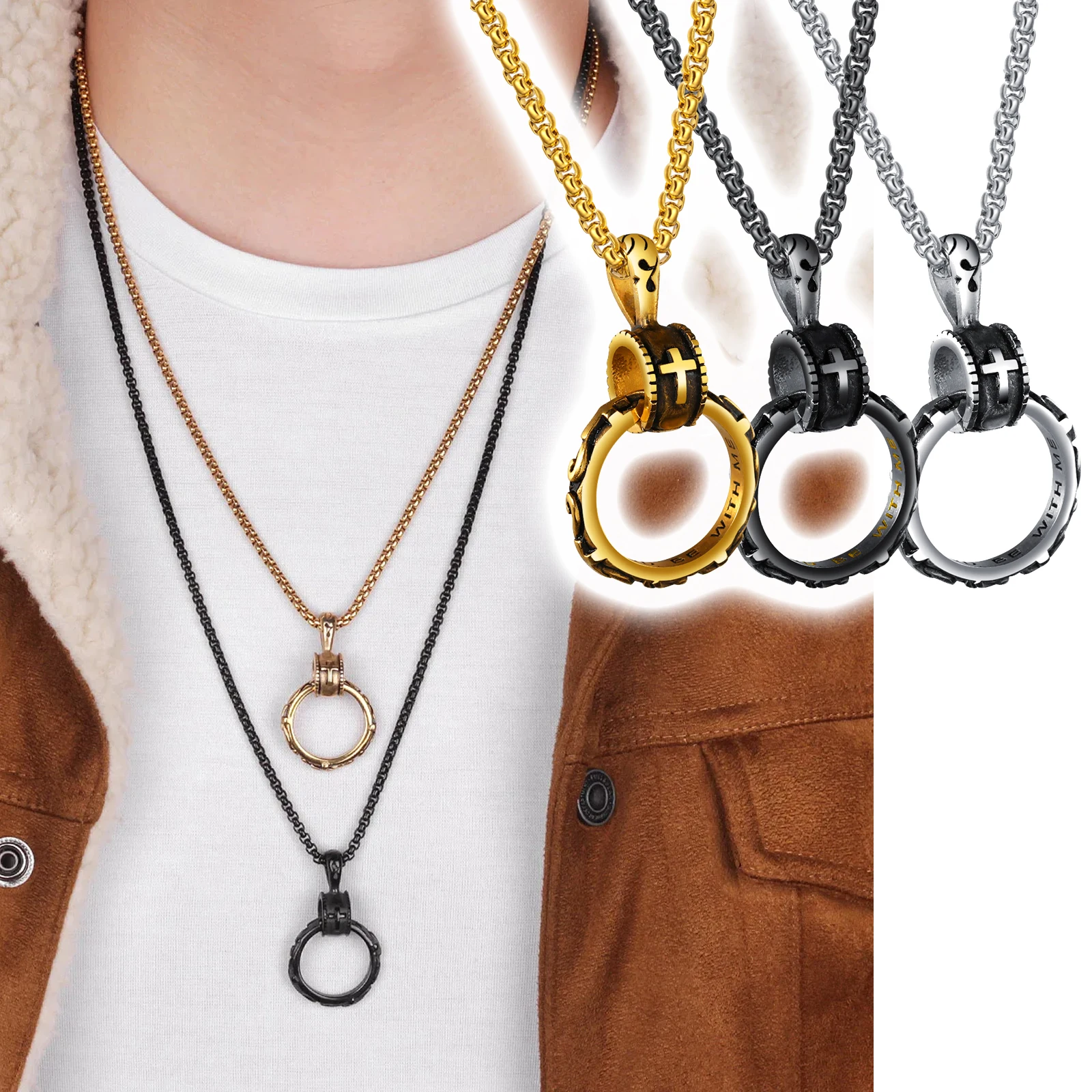 

Cross Ring Mens Necklaces Pendants Chain Hip Hop for Boy Male Stainless Steel Jewelry Creativity Gift Wholesale