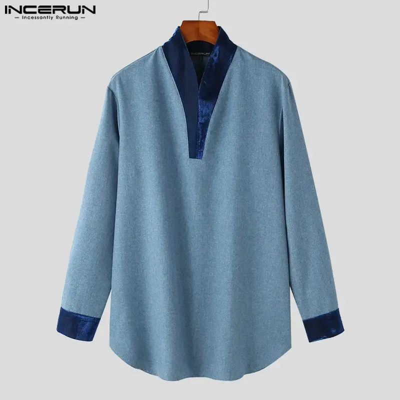 INCERUN Tops 2023 Muslim Style New Mens Hot Selling Shirts Dual Color Patchwork Design Standing Collar Long Sleeved Blouse S-5XL