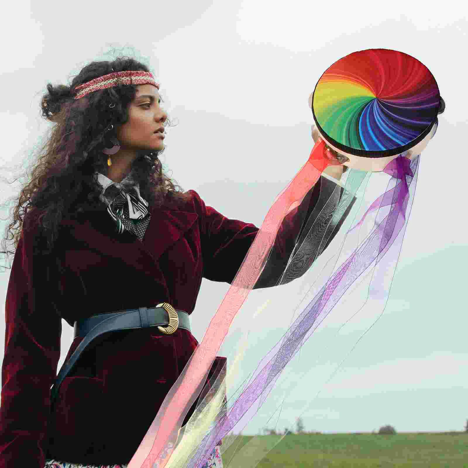 6 Inch Hand Drum Prop With Rainbow Ribbons Tambourine Musical Instrument For Stage Performance Percussion Drum Adult Tambourines