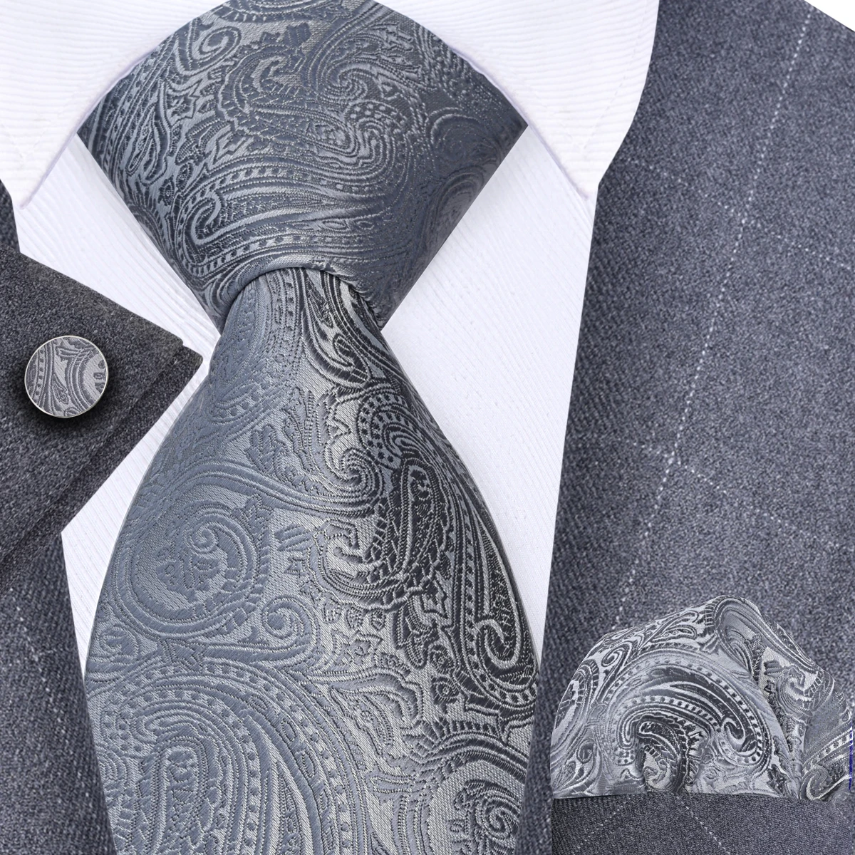 GUSLESON 8cm Blue Black Pink Men Ties Pocket Square Cufflinks Set Paisley Silk Necktie Wedding Business Gift Tie Accessories