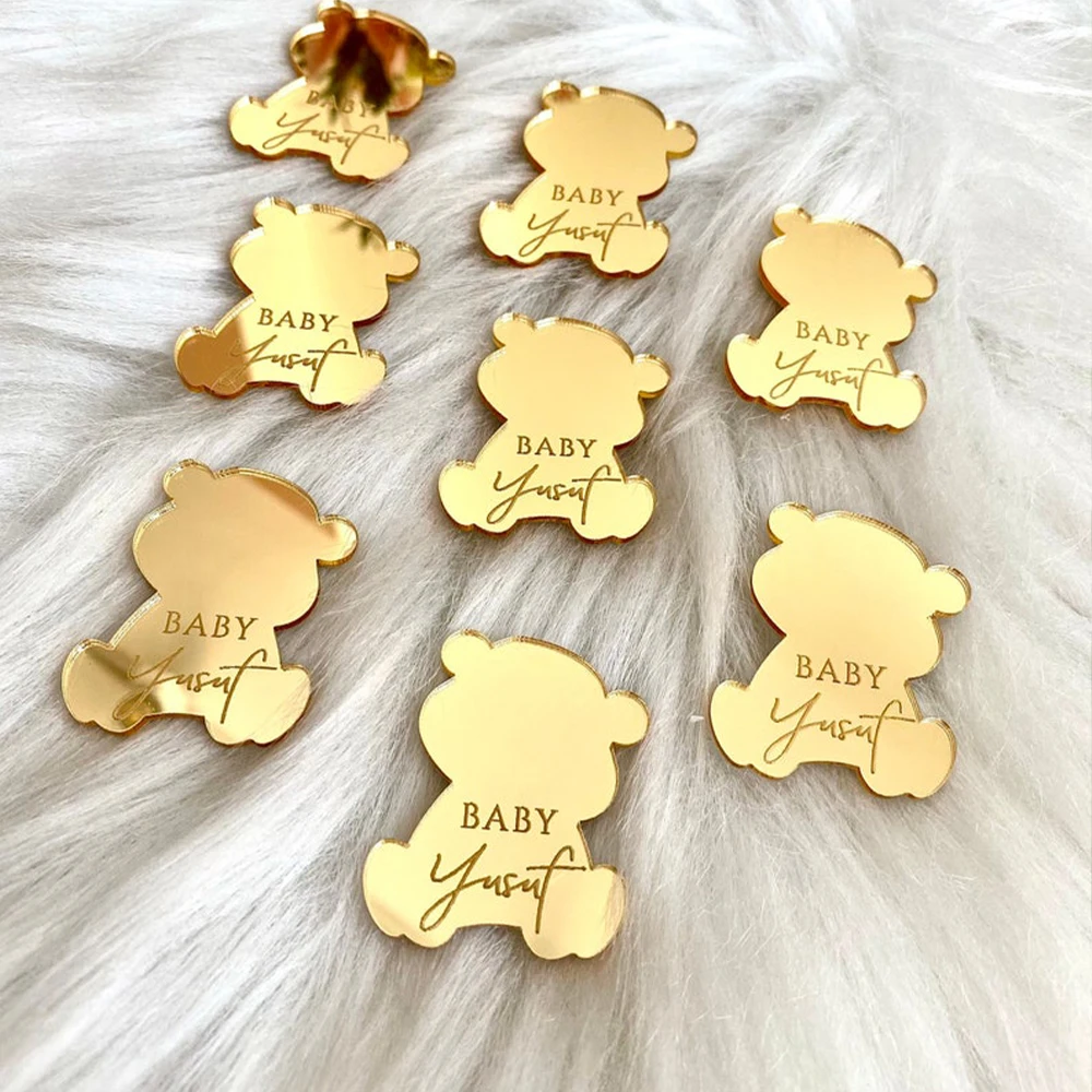 20/50/100pcs Personalizado Urso Acrílico Espelho Tag Baby Shower Tag Presente Urso Aniversário Urso Tag Nome Do Bebê