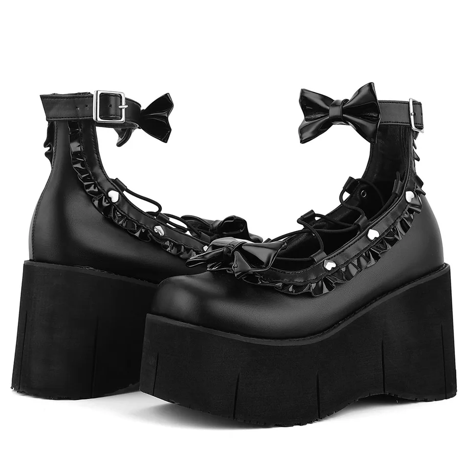 GIGIFOX Lolita Punk Butterfly Lace Wedge Pumps