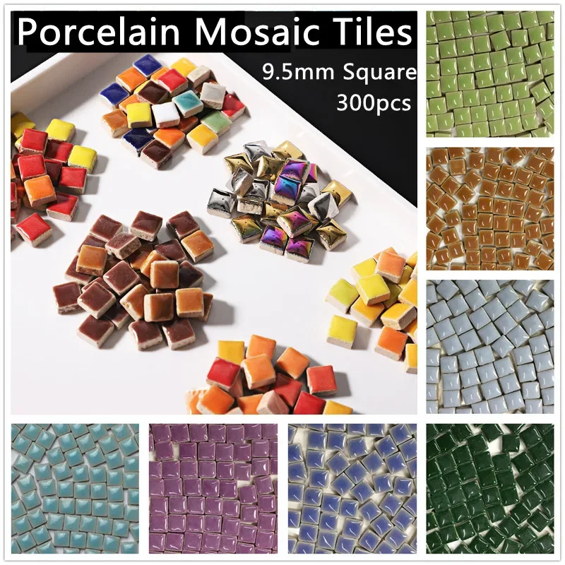 300pcs(Approx. 300g/10.6oz) Porcelain Mosaic Tiles 9.5mm Square Ceramic Mosaic Making Tile 4mm Thickness DIY Crafts Materials