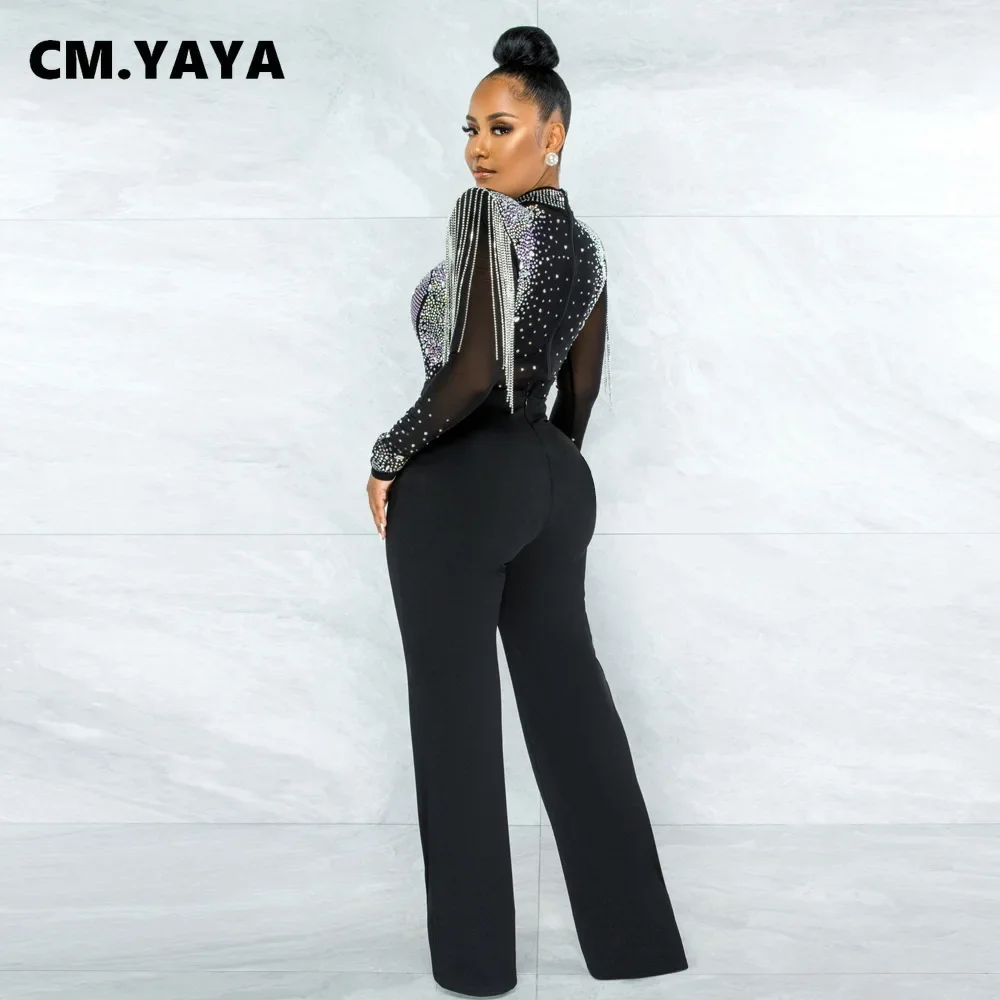 CM.YAYA Women Jumpsuit Solid High Collar Hot Drill Mesh Shoulder Cotton Long Sleeves Long Straight Jumpsuit Sexy Party Outfits 2