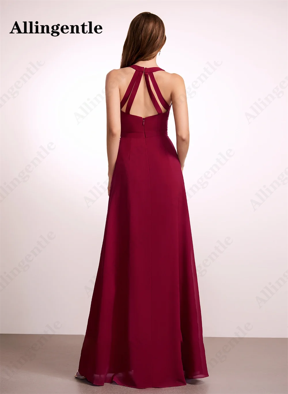 Allingentle Halter V-Neck Bridesmaid Dress for Women 2024 Sleeveless Backless Chiffon Wedding Guest Party Gowns A-Line Side Slit
