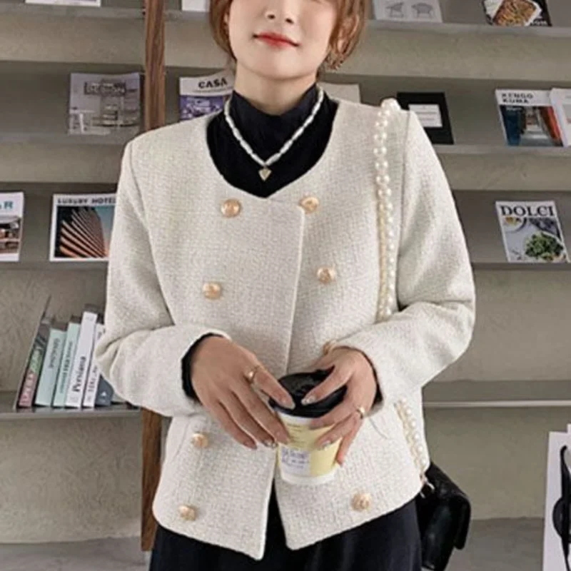 

Women Autumn and Winter New Round Neck Cardigan Fashion Casual Small Fragrance Thin Tops Button Pocket Spliced Long Sleeved Coat