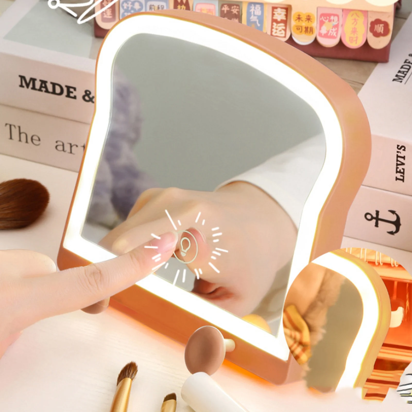 Led Toast Bread Makeup Mirror Rechargeable Adjustable Touch Dimmer Usb Vanity Mirror Table Desk Cosmetic Mirror Phone Holder bread on the table