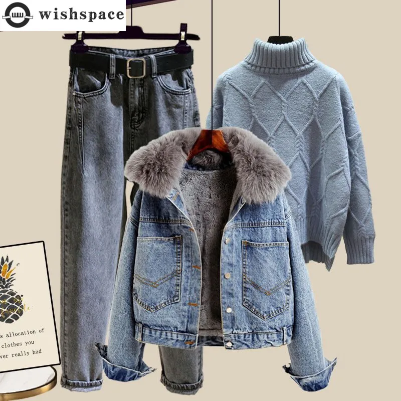 Korean Popular Winter Plush Thickened Wool Collar Denim Jacket Knitted Sweater Loose Jeans Three Piece Elegant Women's Pants Set luckymarche denim like herringbond croped jacket qwjax23111nyx