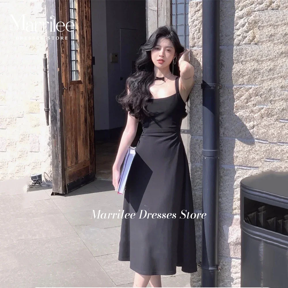 

Simple Black Satin Korea Party Dress 2024 Tea-length Square Collar Spaghetti Straps Woman Formal Occasion Dresses Korean vestido