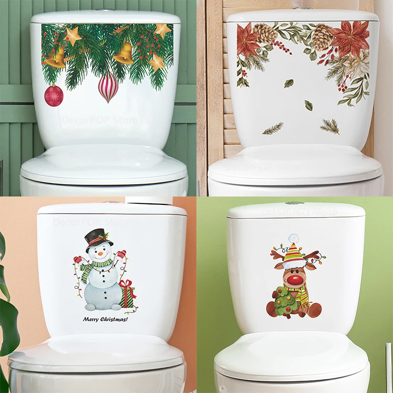 Christmas Toilet Sticker Cartoon Christmas Balls Holly Leaf Snowman Elk Wall Decals PVC Xmas Bathroom Commode Home Decoration vinyl stickers toilet stickers toilet wall stickers