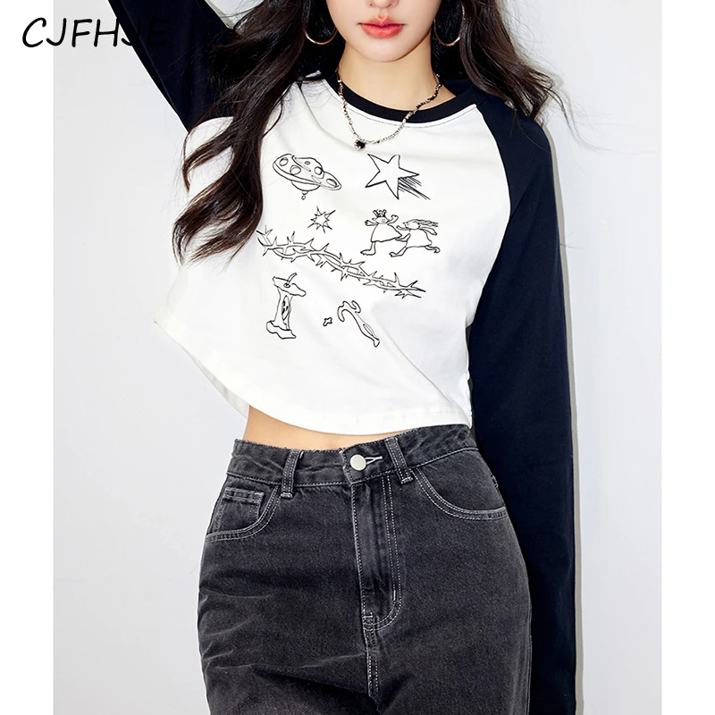 

CJFHJE Spring New Women's Cartoon White Printed T-shirt Korean Fashion Classic Women Round Neck Long Sleeve Slim Fit T-shirt Top