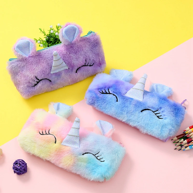 

3 styles Tie Dye Unicorn Plush Pen Pouch Pencil Case Zipper Fluffy Large Capacity Pen Bag School Stationery Storage Bag Holder