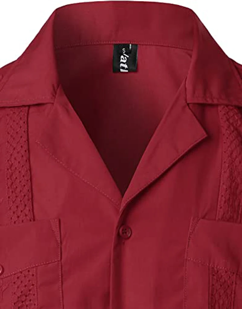Wine Red Four-Pocket Cuban Guayabera Shirt Men Short Sleeve Camp Collar Shirt Male Embroidered Mexican Cigar Wedding Beach Shirt 3