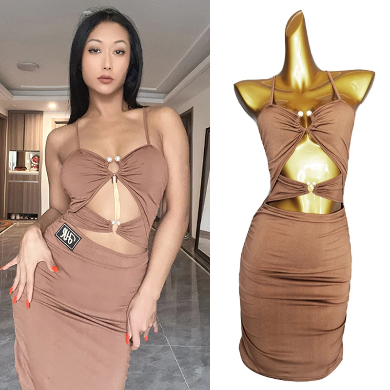 

Sexy Latin Dance Dress Women Hollow Out Wrap Hip Rumba Dance Practice Wear Prom Club Dress Latin Performance Dress DNV16686