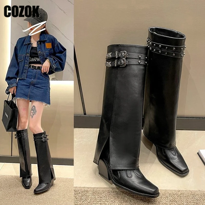 

Western Cowgirl Women Knee High Boots Trouser Ladies Tube Thick Heels 2023 New Belt Buckle Pumps Knight Shoes Female Thigh High