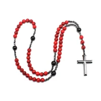 Perles turquoise rouge naturelles de 8 mm avec pendentif croix en hématite pour hommes et femmes 5