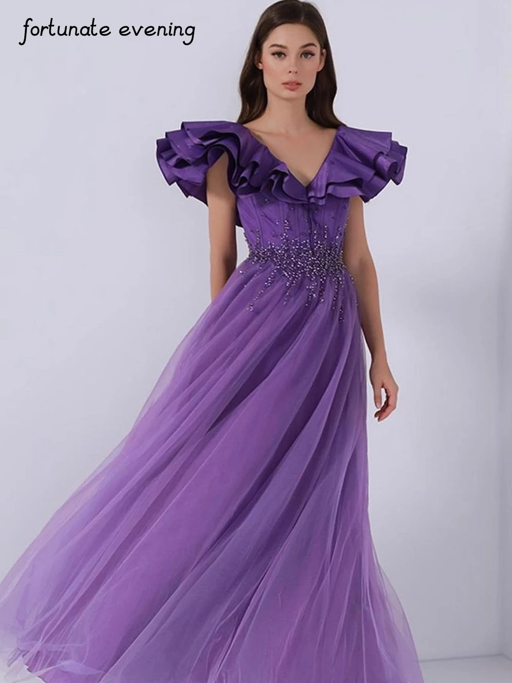 

Fortunate Evening Elegant Vintage Purple Ruffle Beaded V-Neck A-Line Formal Occasion Prom Dress Evening Party Gowns