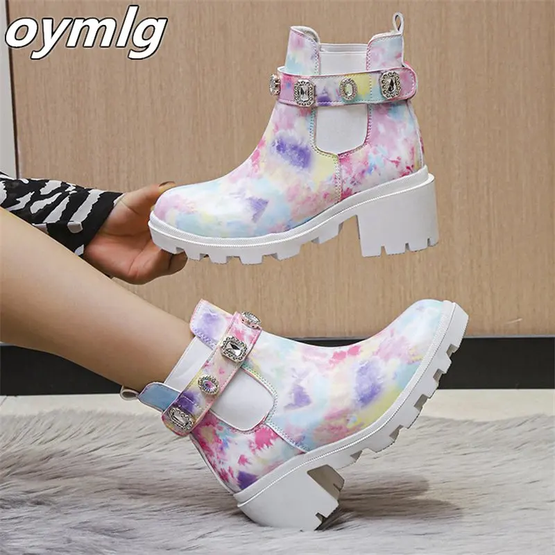 

Autumn and winter new Chelsea boots short boots women's rhinestone buckle riding boots thick soled thick heel bare boots