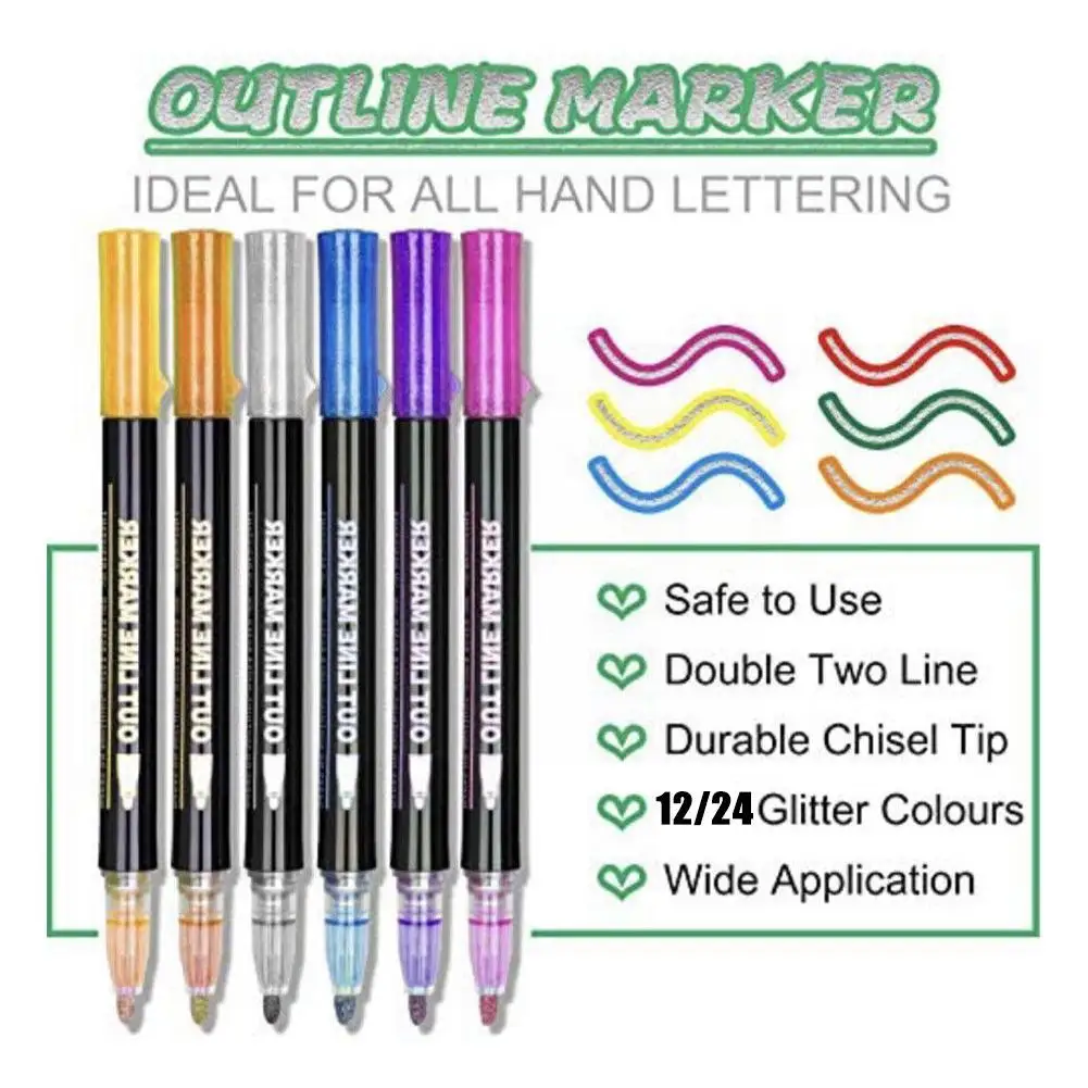 Double Line Outline Markers, 24 Colors Super Squiggles Shimmer Outline  Marker Pen Set, Self Outline Metallic Markers Glitter - Art Markers -  AliExpress