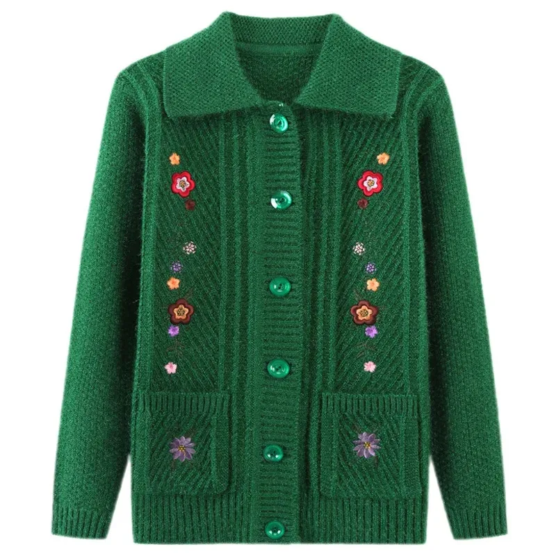 Embroidered Middle-Aged Elderly Mother Autumn Knitting Shirt Coat