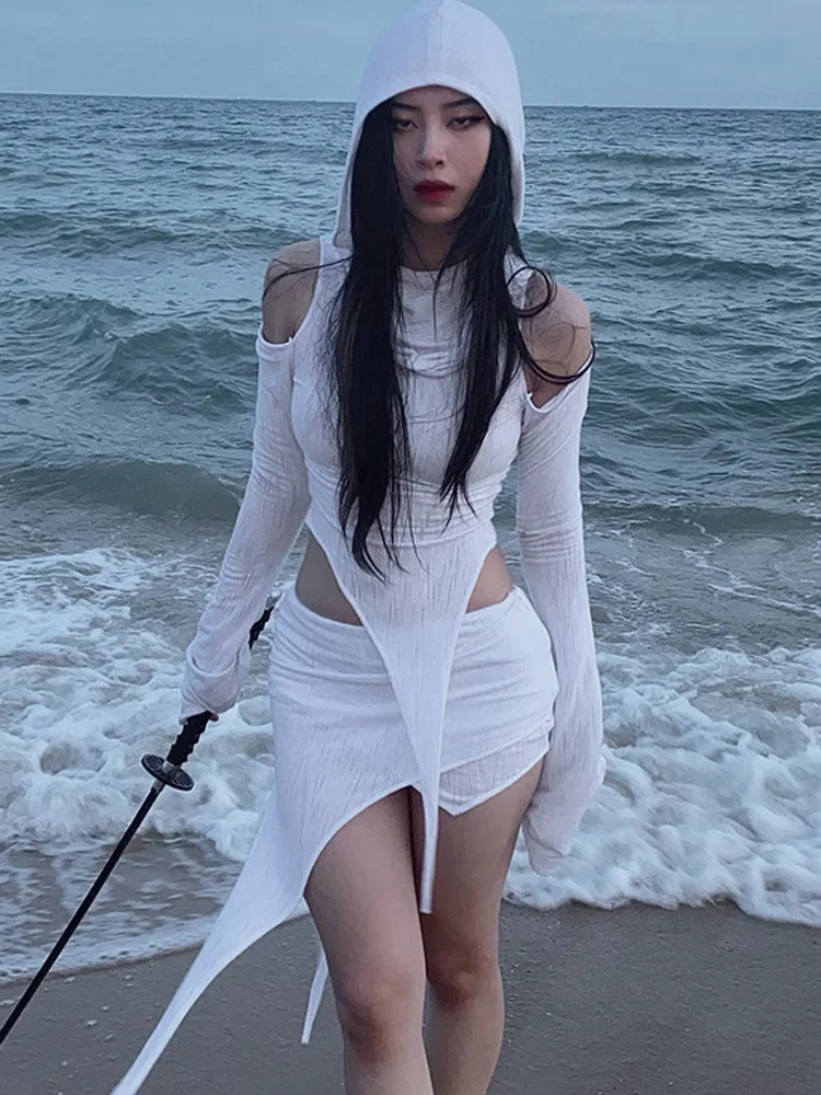 Summer Fashion Trend Solid Color Slim Skirt Sets Casual High Waist Hooded Long Sleeve 2 Piece Sets Womens Outfits Sexy Y2k Skirt