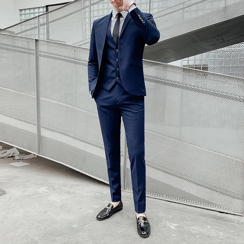 Business Suit Blazer+ Vest + Pants Men's Gentleman Fashion Slim Work Solid Color Plus Size Fair Dress Wedding Best Man Suit