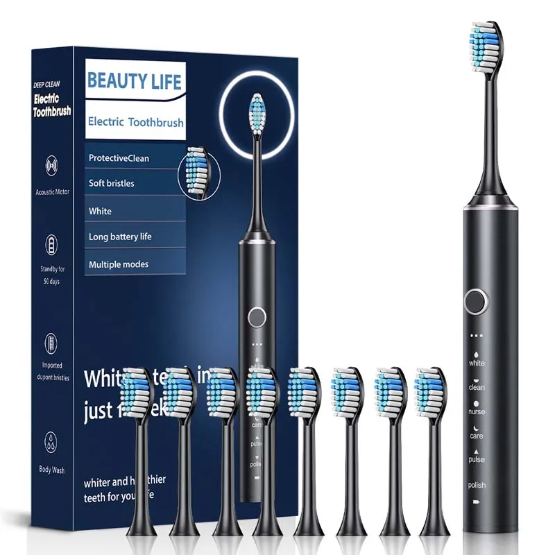 Electrical Tooth Brush With 8 Brush Head Automatic Ultrasonic Soft Bristle Household Cleaning Teeth