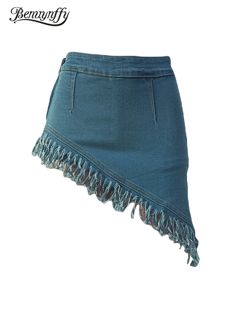 

Benuynffy Boho Tassel Shorts Skirts Women Sexy Zipper High Waist Stretch Slim Fit Asymmetrical Hem Jean Shorts Summer Streetwear