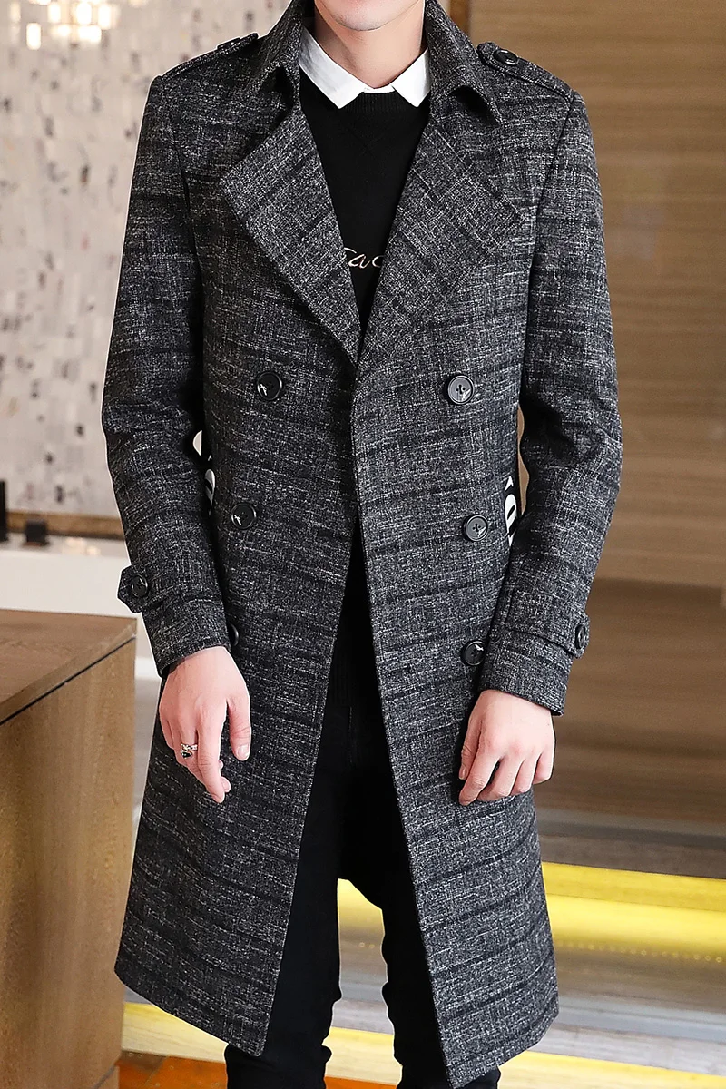 Winter Woolen Coat Jackets Men Casual Slim Long Mens Wool Trench Coat  Double-breasted British Style Plaid Outwear Windbreaker