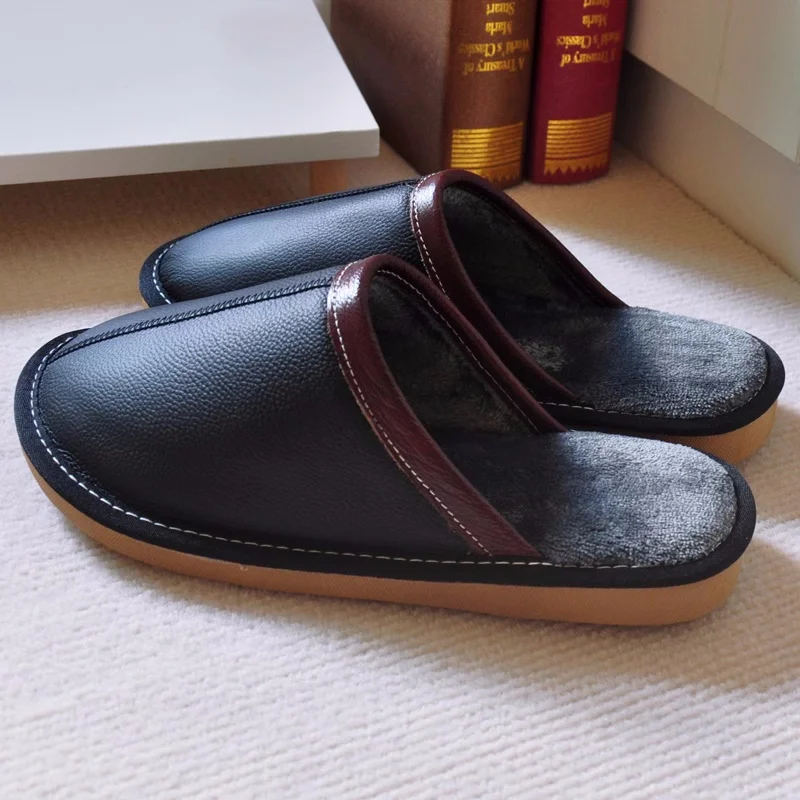 Genuine Leather Women's Indoor Slippers for Winter, Couple's Anti-Skip Warm Household Slippers, Men Casual Home Shoes