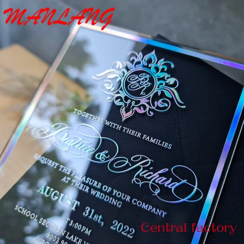 Custom  Holographic Iridescent foil printed Acrylic Wedding Invitation foil and envelopes color
