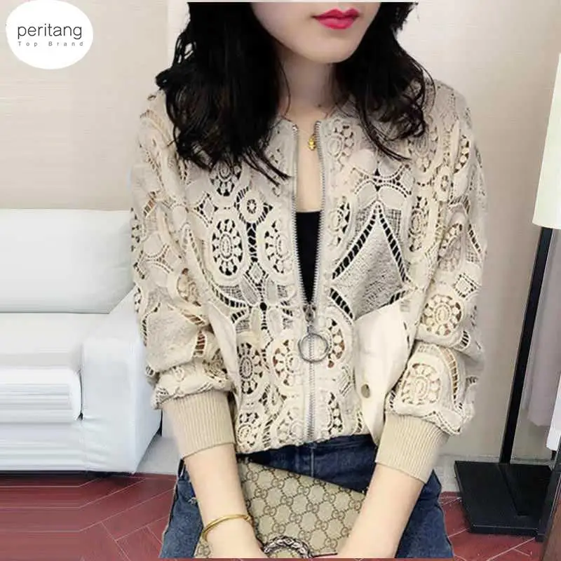 

Women Long Sleeve Lace Embroidery Hollow Out Jacket Korean Fashion Short Outwear White Bomber Women Sunproof Coat Tops