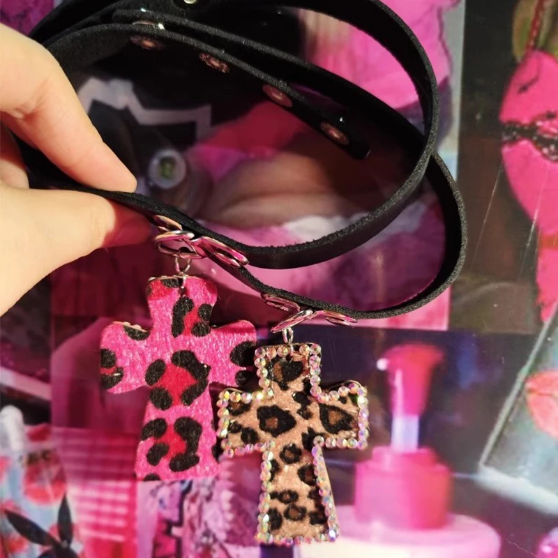 Y2K Accessories Leopard Print Cross Choker Sexy Pendant