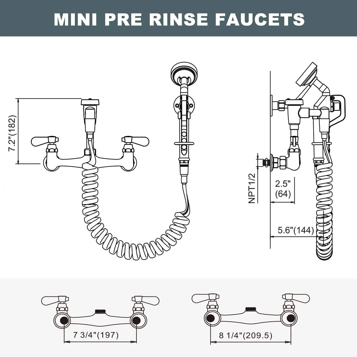 Wall-Mounted 8-Inch Centered Pet Grooming Mixer Faucet with Brass Construction, Aluminum Spray Nozzle, and Coiled Hose