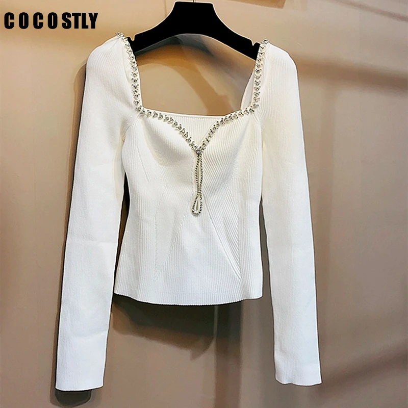 

2023 New Winter Slim Knitted Women Tops Square Collor Full Sleeve Rhinestone Edging Female Tops cheap y2k tops crop top women