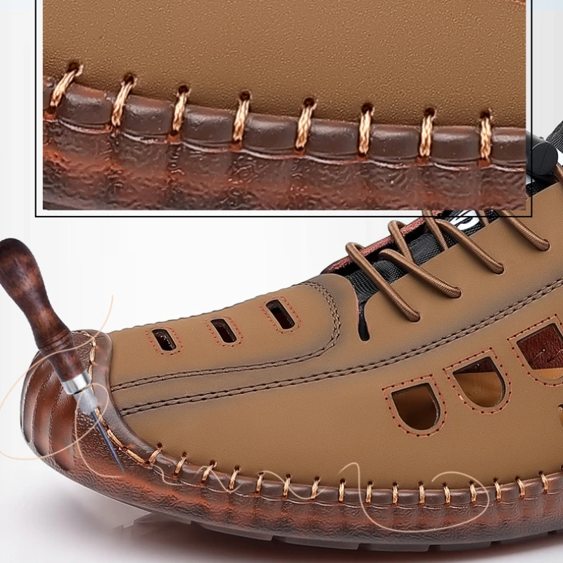 Men Soft Leather Summer Sandals Breathable Non-slip Cow Tendon Sole Casual Outdoor Beach Shoes