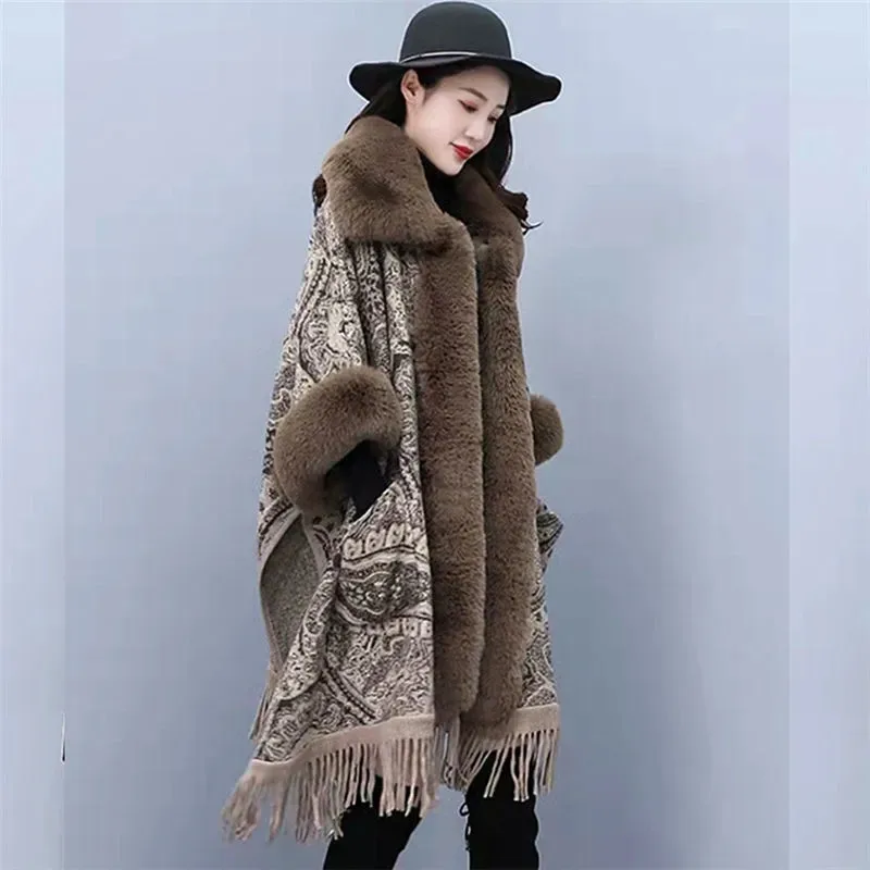 Women Winter Capes Plus Size Poncho Coat Pattern Loose 3/4 Bat Sleeved