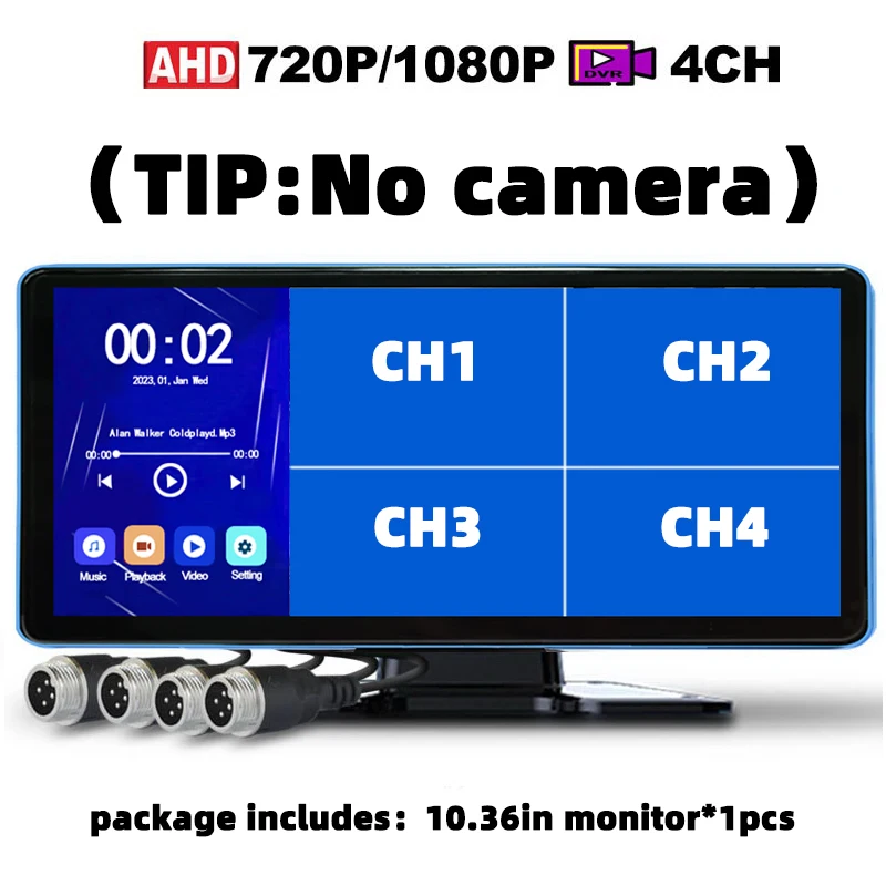 

Only 10.36 in Touch Monitor, Screen 4CH Split Display Car DVR Loop Recorder Monitor For 4 PIN AHD Backup Camera RVs Truck Bus