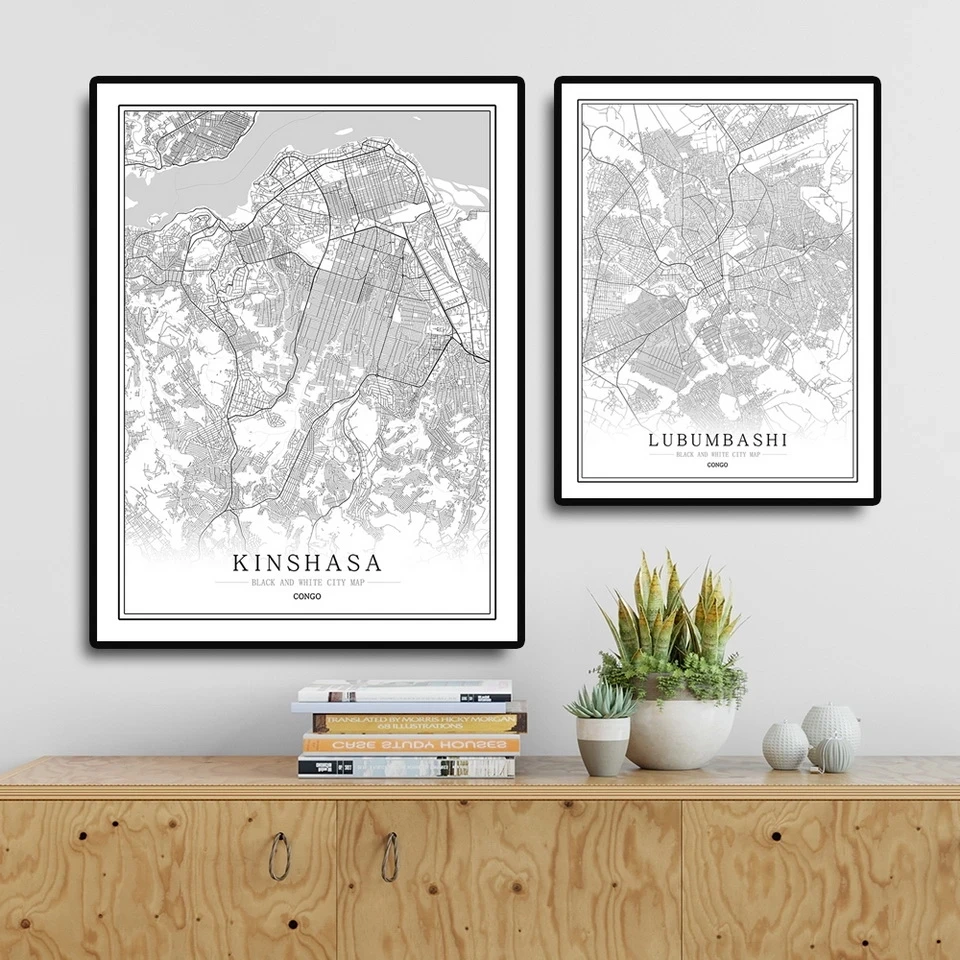 

Congo Custom City Map Poster Kinshasa Abstract Art Canvas Paintings Black and White Wall Art Print Picture Home Decoration